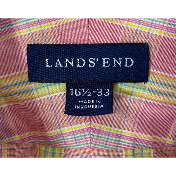 Lands' End Mens Shirt Size 16 1/2- 33 No Iron Pink Plaid Button Down Long Sleeve - Picture 3 of 8